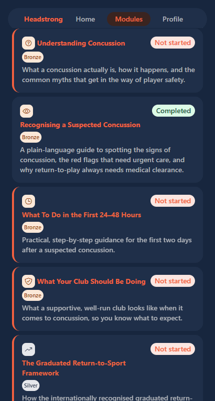 Headstrong mobile app showing a player's list of concussion-education modules